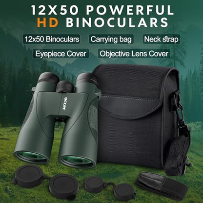 occer 12x50 Bird Watching Binoculars for Adults - High Powered Binoculars with Clear Large Image - Easy Focus HD Binocular with Long Range for Cruise Trip Hunting Travel Concert Stargazing,Green