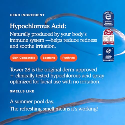 Tower 28 SOS Daily Rescue Facial Spray for Sensitive Skin, Hypochlorous Acid Spray Helps Reduce Redness and Breakouts, Full Size Toner for Face, 4 FL Oz