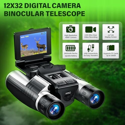 Binoculars with Camera Built in – Digital 12x32 HD Binocular Camera, Tripod Included - 48MP Photos, 2.5K Video, 8X Zoom, with 32GB Memory Card
