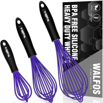 Walfos Whisk,7+9+11in Silicone Whisks for Cooking Non Scatch,Kitchen Whisk,BPA Free and Heat Resistant 480°F,Wisk Perfect for Frothing,Blending,Beating.Dishwasher Safe 3pcs Dark Purple