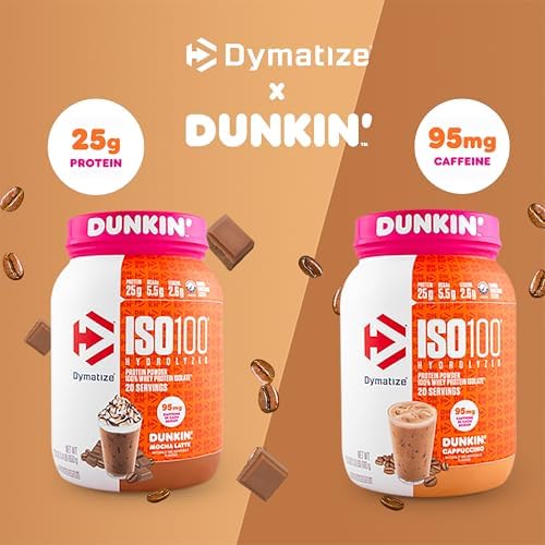 Dymatize x Dunkin' Cappuccino ISO100 Whey Protein Powder, 95mg Caffeine, 25g of Protein, 20 Servings, 5.5g BCAAs, 120 Cal., Gluten Free, 1g Fat, 1g Sugar, 2g Carb