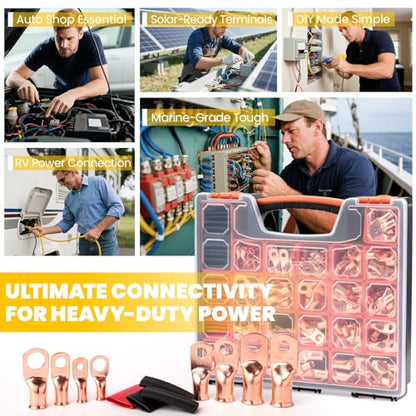 TKDMR 264 PCS Battery Cable Ends Kit,132 PCS AWG 8 6 4 2 1/0 2/0 Heavy Duty Copper Wire Lugs Ring Terminals,Battery Cable Lugs Eyelets Terminal Connectors with 132 PCS 3:1 Heat Shrink Tubing