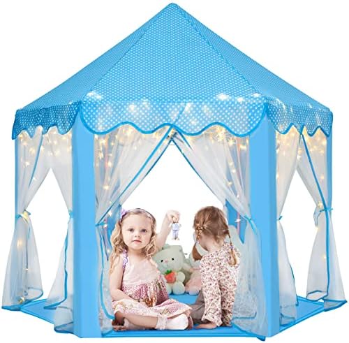 Monobeach Princess Tent Girls Large Playhouse Kids Castle Play Tent with Star Lights Toy for Children Indoor and Outdoor Games, 55'' x 53'' (DxH) (Blue Prinecss Tent with Little Star Lights)
