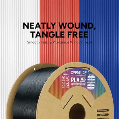 OVERTURE PLA Filament 1.75mm, Neatly Wound 3D Printer Filament 3kg Spool (6.6lbs), Dimensional Accuracy +/- 0.02 mm, Fit Most FDM 3D Printers (Black 3KG-1 Pack)