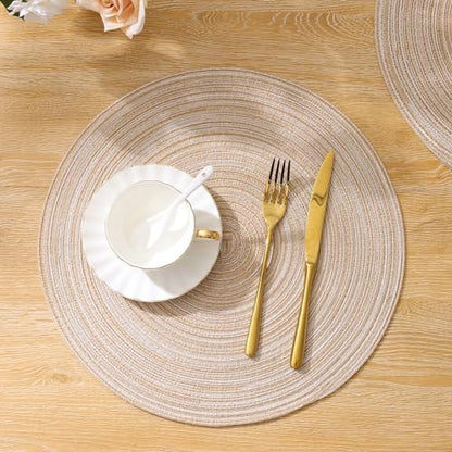 SHACOS 15 inch Round Braided Placemats Set of 6 Non Slip Heat Resistant Cotton Polyester Table Mats Washable Place Mats for Dinner Party Table Decoration (Beige, 6)