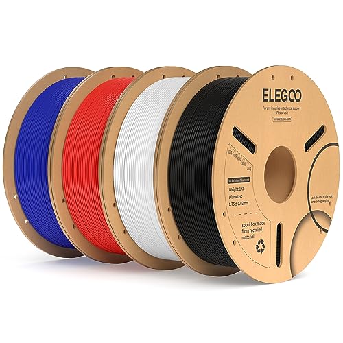 ELEGOO PLA Plus Filament 1.75mm Bundle 4KG, PLA+ Tough 3D Printer Filament Dimensional Accuracy +/- 0.02mm, 4 Pack 1kg Spool(2.2lbs) Fits for Most FDM 3D Printers(Black, White, Blue, Red)