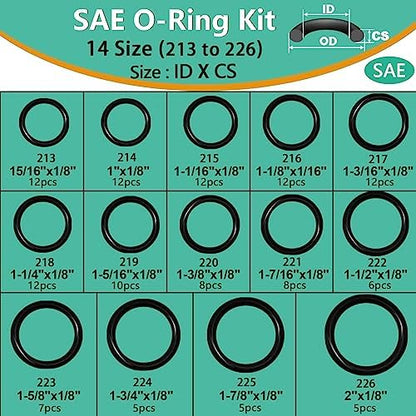32 Size SAE O Ring Assortment Kit 1086 Pcs Standard Buna-N Rubber O'ring Set with 4 Pick & Hook for Automotive Hydraulic Faucet Plumbing Sealing Repair ID:1/8-2 Inch