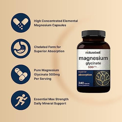 NatureBell Magnesium Glycinate 500mg, 480 Capsules (2 Pack) | 100% Chelated for Max Absorption | Muscle, Enzyme & Heart Support | Non-GMO, Gluten-Free
