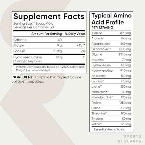 Sports Research Organic Collagen Peptides - Hydrolyzed Type I & III Collagen Protein Powder Made Sustainably from Grass-Fed Cows - Unflavored - 30 Servings