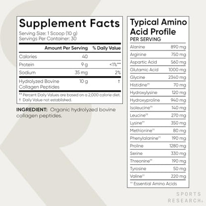 Sports Research Organic Collagen Peptides - Hydrolyzed Type I & III Collagen Protein Powder Made Sustainably from Grass-Fed Cows - Unflavored - 30 Servings