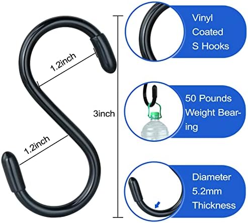 30 Pack Vinyl Coated Heavy Duty S Hooks for Hanging Plants, Clothes, Non Slip Steel Metal Black Rubber Coated Closet S Hooks for Hanging Jeans, Jewelry, Pot, Pan