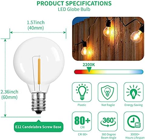 Meconard G40 1.57 Inch Led Replacement Light Bulbs, E12 Screw Base Shatterproof LED Small Globe Light Bulbs for Outdoor String Lights, 1Watt Equvalent to 5 Watt Incandescent Bulbs, Warm White, 25Pack