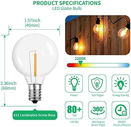 Meconard G40 1.57 Inch Led Replacement Light Bulbs, E12 Screw Base Shatterproof LED Small Globe Light Bulbs for Outdoor String Lights, 1Watt Equvalent to 5 Watt Incandescent Bulbs, Warm White, 25Pack