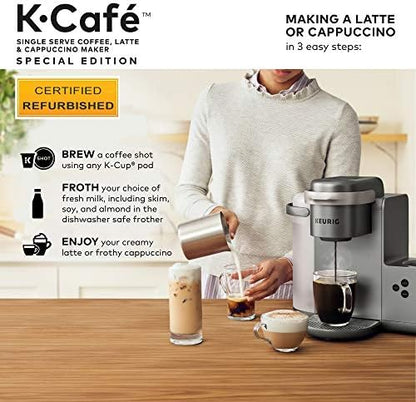 Keurig K-Cafe Special Edition Coffee Maker, Single Serve K-Cup Pod Coffee, Latte and Cappuccino Maker, Comes with Dishwasher Safe Milk Frother, Coffee Shot Capability, Nickel (Renewed)