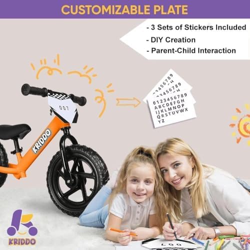 KRIDDO Toddler Balance Bike 2 Year Old, Age 18 Months to 5 Years Old, 12 Inch Push Bicycle with Customize Plate (3 Sets of Stickers Included), Gift Bike for 2-3 Boys Girls, Orange