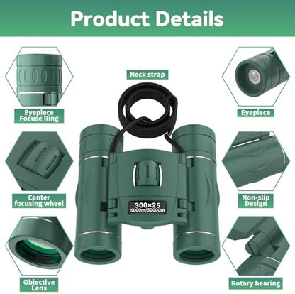 300x25 Binoculars for Adults and Kids, High Powered Mini Pocket Binoculars with Phone Adapter, Waterproof Compact Telescope for Bird Watching, Hunting, Concert, Theater, Opera, Traveling, Sightseeing