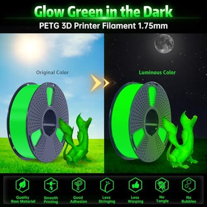 SUNLU PETG Glow in The Dark Filament, Luminous 3D Printer Filament 1.75mm, High Brightness and Long Time Glows PETG Filament, Dimensional Accuracy +/- 0.02mm, 1kg Spool. (Green, Glow Green)