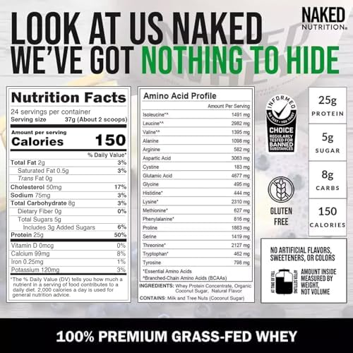 NAKED Whey Vanilla Protein Powder - Only 3 Ingredients - Grass Fed Whey Protein Powder, Vanilla Flavor, and Organic Coconut Sugar, No GMO, No Soy, and Gluten Free - 24 Servings