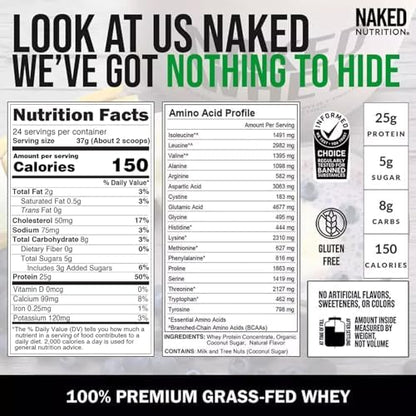 NAKED Whey Vanilla Protein Powder - Only 3 Ingredients - Grass Fed Whey Protein Powder, Vanilla Flavor, and Organic Coconut Sugar, No GMO, No Soy, and Gluten Free - 24 Servings