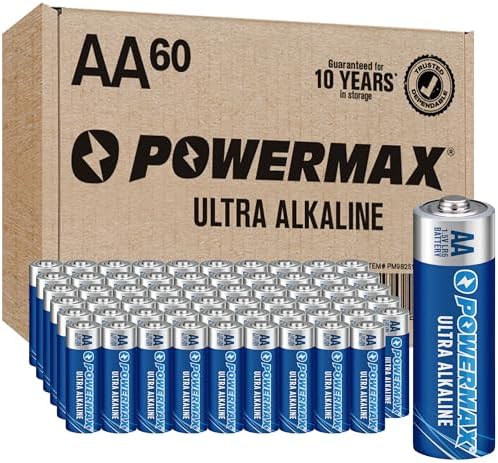 Powermax 60-Count Double AA Batteries, Ultra Long Lasting Alkaline Battery for Home and Office, 10-Year Shelf Life, Reclosable Packaging