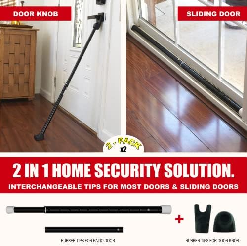 SECURITYMAN 2-in-1 Door Security Bar & Sliding Patio Door Security Bar (2 Pack) via Interchangeable Caps - Heavy Duty Iron Construction Door Stoppers for Home, Apartment, Travel Hotel - Black