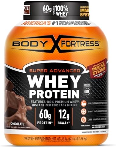 Body Fortress Super Advanced Whey Protein Powder, Chocolate, Immune Support (1), Vitamins C & D Plus Zinc, 3.9 lbs.