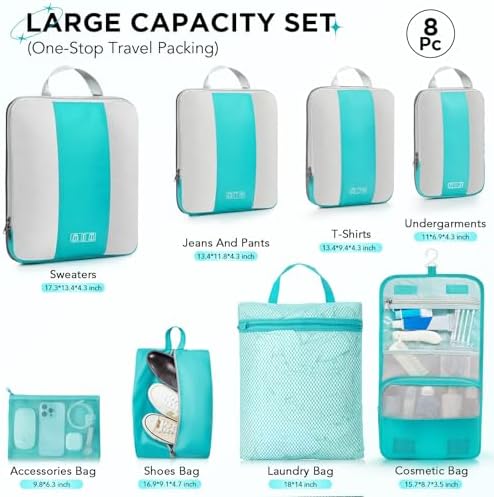 8 Set Compression Packing Cubes for Travel Essentials,Compressible Expandable Packing Cubes for Suitcase,OlarHike Luggage Organizer Bags for Travel,Handy Helper for Organizing Clothes(Blue Green)