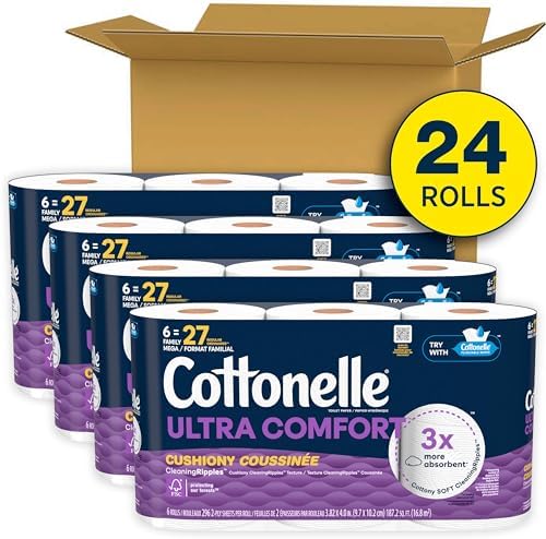 Cottonelle Ultra Comfort Toilet Paper with Cushiony CleaningRipples Texture, Strong Bath Tissue, 24 Family Mega Rolls = 108 Regular Rolls (4 Packs of 6)