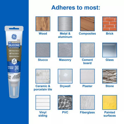 GE Advanced Silicone Caulk for Window & Door, Clear, 2.8 fl oz Tube, 12 Pack - 100% Waterproof Silicone Sealant, 5X Stronger Adhesion, Freeze & Sun Proof