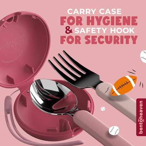 Bentoheaven Kids Travel Utensils with Case, Food-Grade Stainless Steel & BPA-Free Plastic, Travel Kid Cutlery Set, Dishwasher Safe Fork, Spoon & Case, Reusable Flatware, Silverware for Kids (Cats)