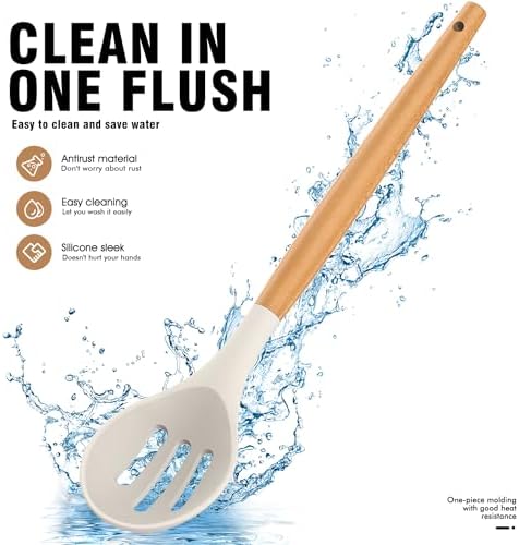 Silicone Cooking Utensils Set - Silicone Kitchen Utensils for Cooking Wooden Handles, 446°F Heat Resistant Kitchen Utensil Spatula Sets w Holder, Gadgets for Non-Stick Cookware BPA FREE (Cream White)