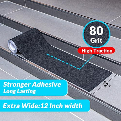 Lifegrip Anti Slip Traction Tape, 12 Inch x 38 Foot Friction Tape - Best Grip, Abrasive Adhesive for Stairs, Tread Step, Indoor, Outdoor (Friction Tape, 12" X 38')