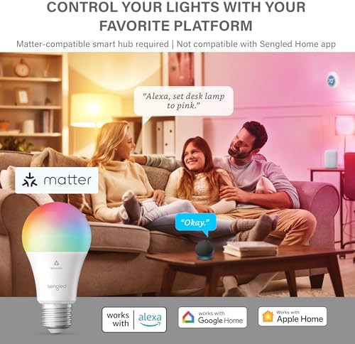 Sengled LED Smart Light Bulb (A19), Matter-Enabled, Multicolor, Works with Alexa, 60W Equivalent, 800LM, Instant Pairing, 2.4 GHz, Wi-Fi, 1-Pack