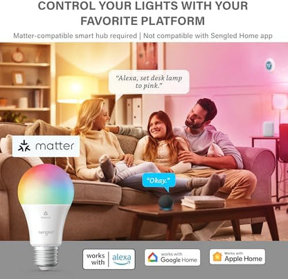 Sengled LED Smart Light Bulb (A19), Matter-Enabled, Multicolor, Works with Alexa, 60W Equivalent, 800LM, Instant Pairing, 2.4 GHz, Wi-Fi, 1-Pack