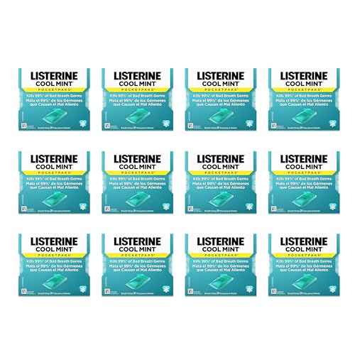 Listerine Cool Mint PocketPaks Portable Breath Strips for Bad Breath, Fresh Breath Strips Dissolve Instantly to Kill 99% of Bad Breath Germs* On-The-Go, Cool Mint, 12 Pack