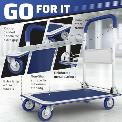 Heavy Duty Foldable Push Cart Dolly | 660 lbs. Capacity | Upgraded Collapsible Hand Truck Platform with Swivel Wheels | Flat Bed Moving Wagon | Space Saving Push Handle (Blue)