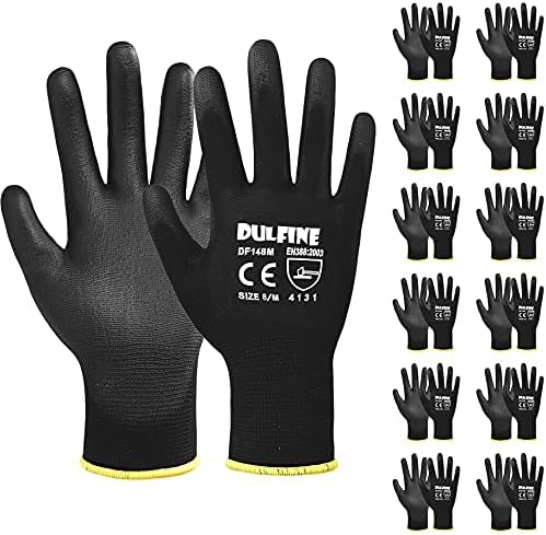 DULFINE Ultra-Thin PU Coated Work Gloves-12 Pairs,Excellent Grip,Nylon Shell Black Polyurethane Coated Safety Work Gloves, Knit Wrist Cuff,Ideal for Light Duty Work. (Medium)