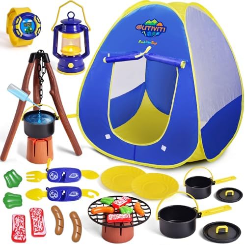 FUN LITTLE TOYS Kids Play Tent with Camping Toys, Toddler Tent with Battery Lantern, Kids Pop Up Tent Indoor Outdoor Toys Christmas Birthday Gifts for Boys