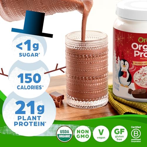 Orgain Organic Vegan Protein Powder, Peppermint Hot Cocoa Holiday Flavor - 21g of Plant Protein, 5g Prebiotic Fiber, No Lactose Ingredients, No Added Sugar, Non-GMO, For Shakes & Smoothies, 1.02 lb