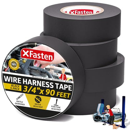 XFasten Black 3/4-Inch x 90-Feet (5-Pack) High-Heat Resistant Cloth Electrical Tape for Automotive Wire Loom