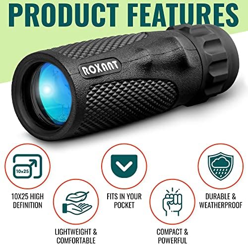 Roxant Viper Monocular Telescope – 10x25 Monoculars for Adults High Powered | Military Grade BAK4 Prism Pocket Scope | Weatherproof with Case, Wrist Strap & Smartphone Adapter
