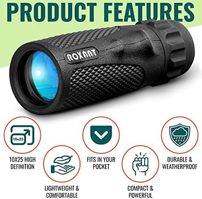 Roxant Viper Monocular Telescope – 10x25 Monoculars for Adults High Powered | Military Grade BAK4 Prism Pocket Scope | Weatherproof with Case, Wrist Strap & Smartphone Adapter