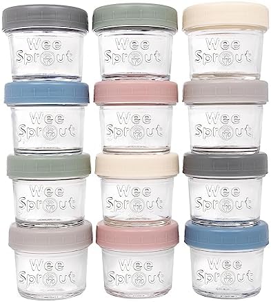 WeeSprout Glass Baby Food Storage Jars w/Lids (4 oz, 12 Pack Set) Snack, Puree, Reusable Small Containers, Breast Milk, Fridge or Freezer, Microwave & Dishwasher Safe, Essential Must Have for Infants