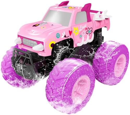Threeking 1:16 Waterproof Pink RC Monster Truck Toys Amphibious Remote Control Car Pickup 4WD All-Terrain Toy Gift for Girls Ages 6 7 8 9 10 11 12 Durable Off-Road Fun for Indoor & Outdoor Play