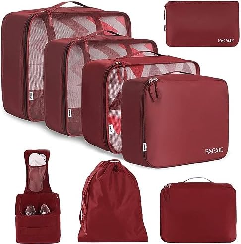 BAGAIL 8 Set Packing Cubes Luggage Packing Organizers for Travel Accessories-Wine Red