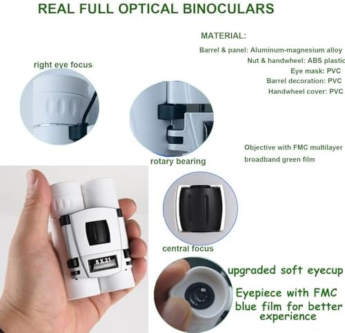 8x21 Compact Binoculars for Adults Teens, Mini Small Full Optical Binoculars for Bird Watching Opera Hiking Hunting Travel Concert (White)