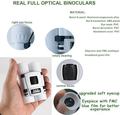 8x21 Compact Binoculars for Adults Teens, Mini Small Full Optical Binoculars for Bird Watching Opera Hiking Hunting Travel Concert (White)