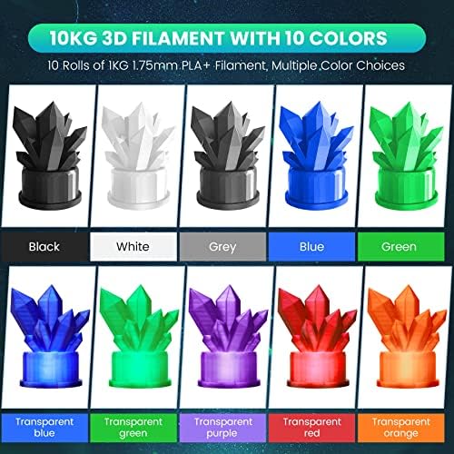 SUNLU PLA Filament Bundle 1.75mm, 3D Printer Filament, Dimensional Accuracy +/- 0.02 mm,1kg Spool, 10 Rolls, Black+White+Grey+Blue+Green+Transparent (Purple+Green+Orange+Blue+Red)