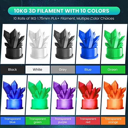 SUNLU PLA Filament Bundle 1.75mm, 3D Printer Filament, Dimensional Accuracy +/- 0.02 mm,1kg Spool, 10 Rolls, Black+White+Grey+Blue+Green+Transparent (Purple+Green+Orange+Blue+Red)
