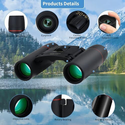 Compact 30x60 Binoculars for Adults,Suitable for Adults and Children Bird Watching Travel Sightseeing, Waterproof Lightweight Small Binoculars, with Clear Low-Light Vision